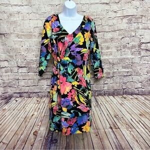 NYDJ Black Floral Faux Wrap Lift Technology 3/4 Sleeve Dress